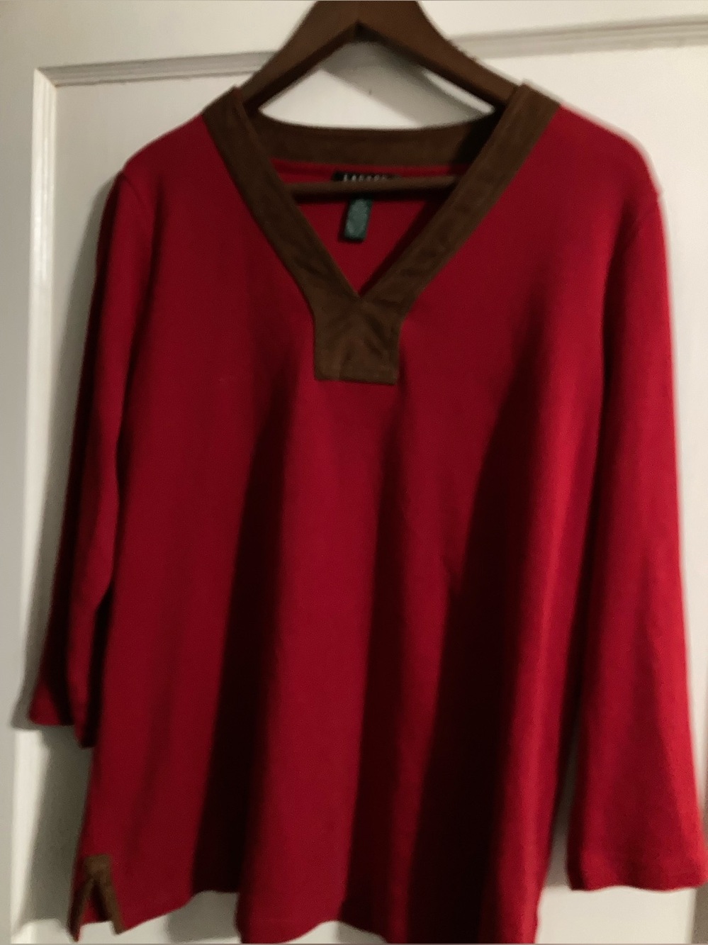Ralph Lauren XL Red V-Neck tunic with Brown Trim